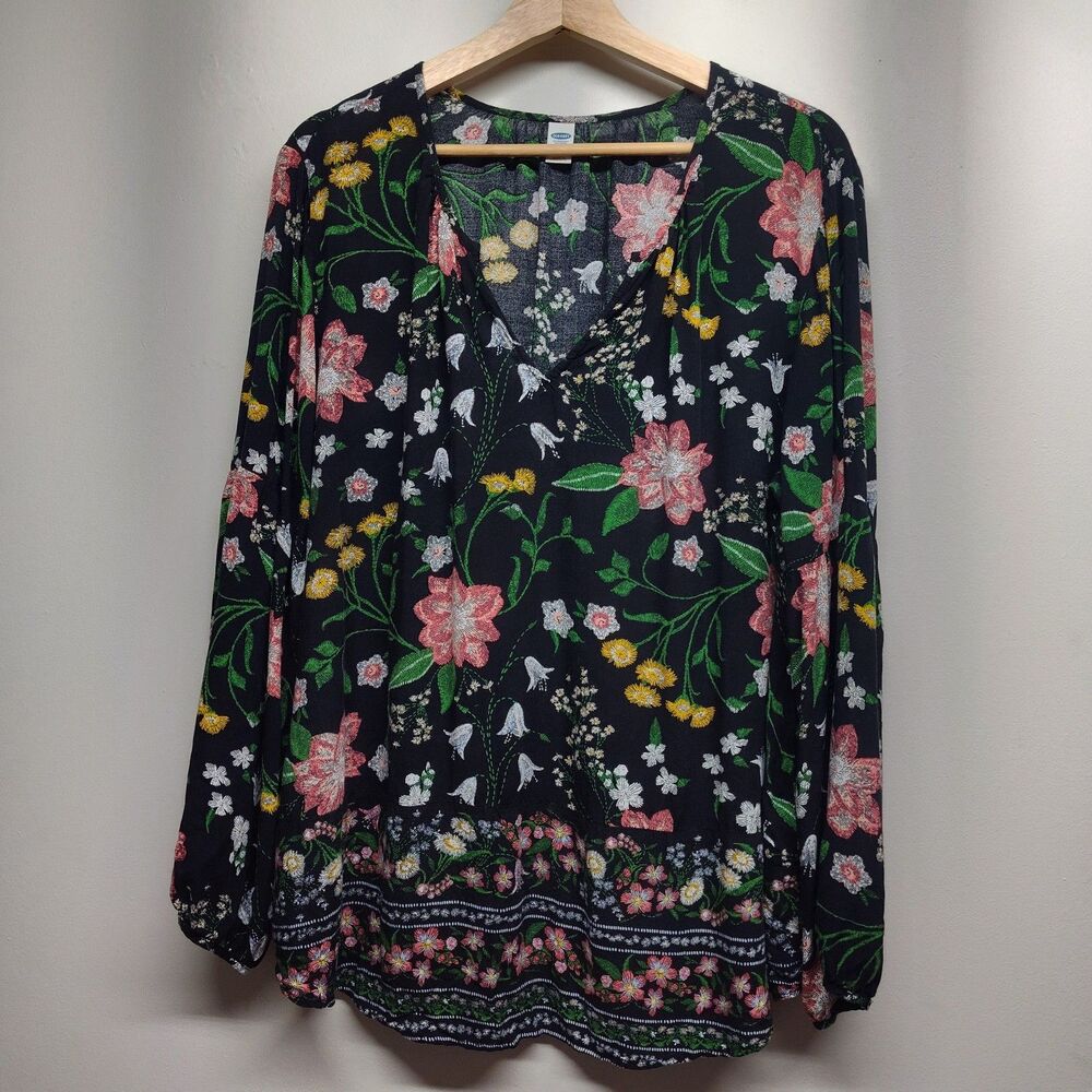 Old Navy Tunic Top Women XL Black Floral Long Sleeve Feminine Boho-Chic Casual